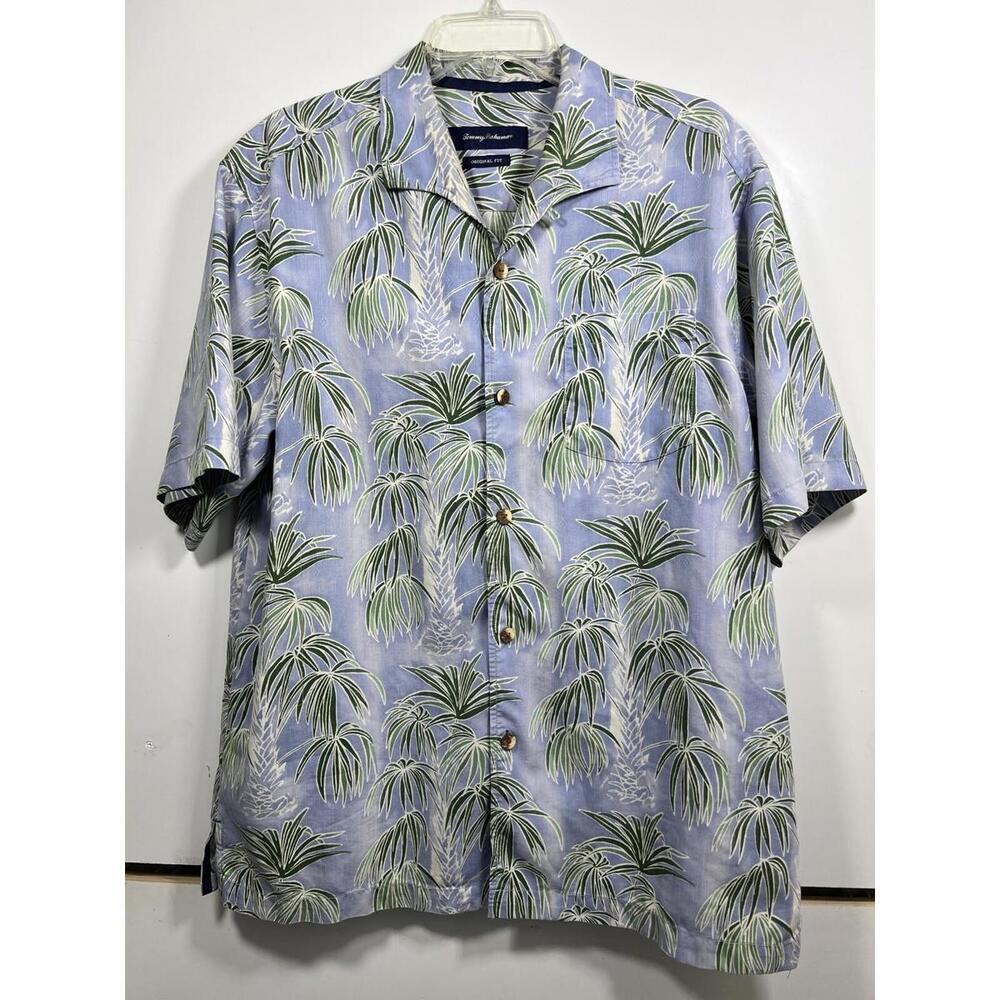 Tommy Bahama Mens Large Blue Palm Leaf 70% Silk Short Sleeve Hawaiin Shirt
